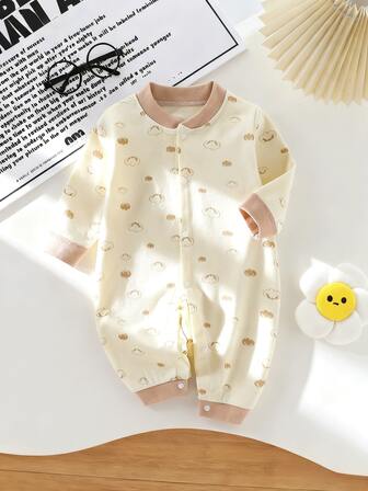 Baby Boy Cute Cartoon Print Front Button Romper, Infant Clothing Suitable For Spring And Autumn