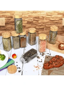 Bộ 24/12/6 hũ thủy tinh vuông, thích hợp đựng gia vị nướng, muối tiêu, gia vị rắc, bao gồm nắp gỗ, nhãn và cọ rửa, dụng cụ sắp xếp nhà bếp (Kiểu phụ kiện ngẫu nhiên) - Nhiều màu - Xem 10