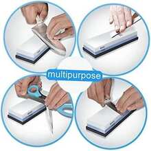 Double Sided Whetstone Knife Sharpener Water Wet Stone 1000/6000 Sharpening Tool Grit, Non-Slip Bamboo Base & Angle Guide, Manual Operation For Home Kitchen Use, Knife Sharpening Tool - Blue and White - View 11
