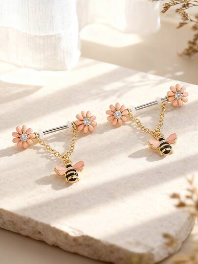 2 piezas Anillos colgantes de gota con diseño de abeja y girasol estilo Y2K, joyería de piercing corporal para mujeres