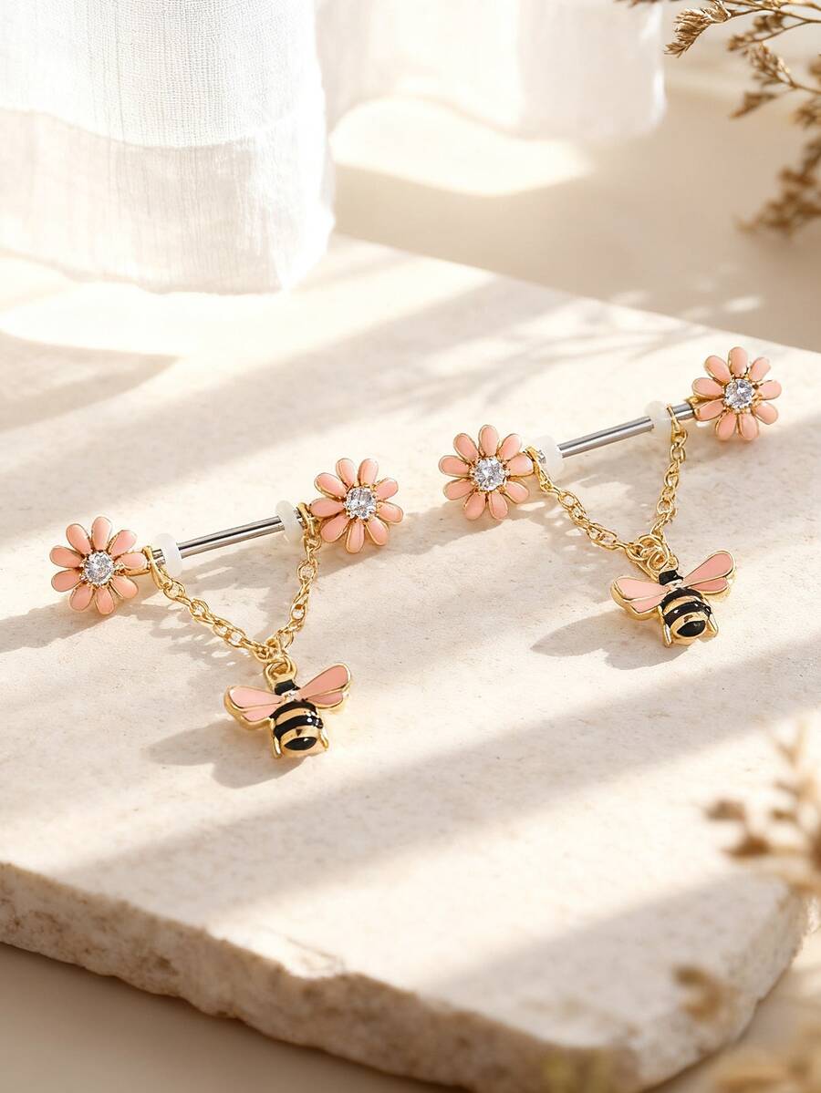 2pcs Y2K Cute Animal Bee & Sunflower Dangle Teardrop Nipple Rings Body Piercing Jewelry For Women