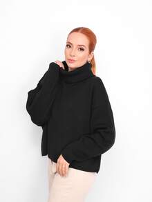 Women's High Neck Long Sleeve Knit Poncho Blouse - Elegant Basic Winter/Cold Weather Casual - Black - View 1