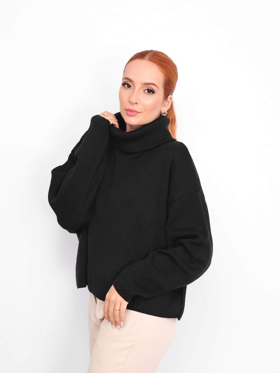 Women's High Neck Long Sleeve Knit Poncho Blouse - Elegant Basic Winter/Cold Weather Casual - Black - View 1
