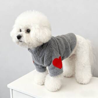 狗狗毛衣，心形图案，灰色针织套头衫，适合博美犬等小型犬，柔软舒适保暖。