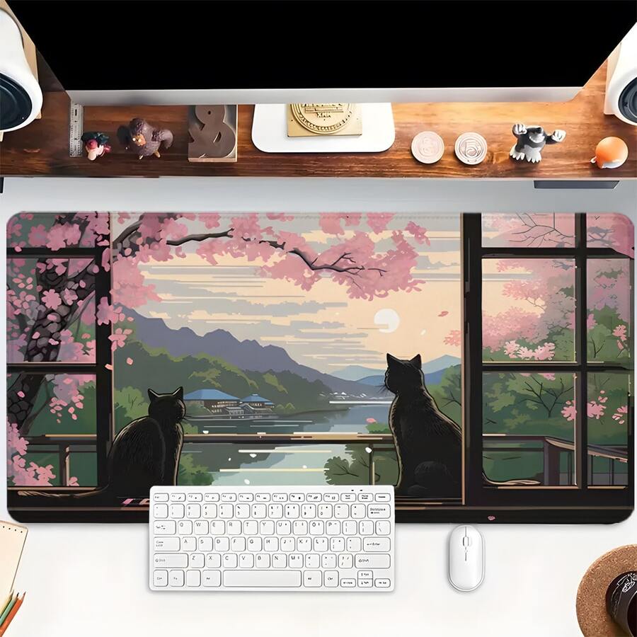 黑猫鼠标垫 日本樱花桌面垫 超大尺寸鼠标垫 35.4x15.7 英寸 办公键盘垫 防滑缝边 橡胶底座 桌面配件 适用于办公室和家庭 圣诞礼物 送给女孩、女士和男士 - 貓 - 查看 1