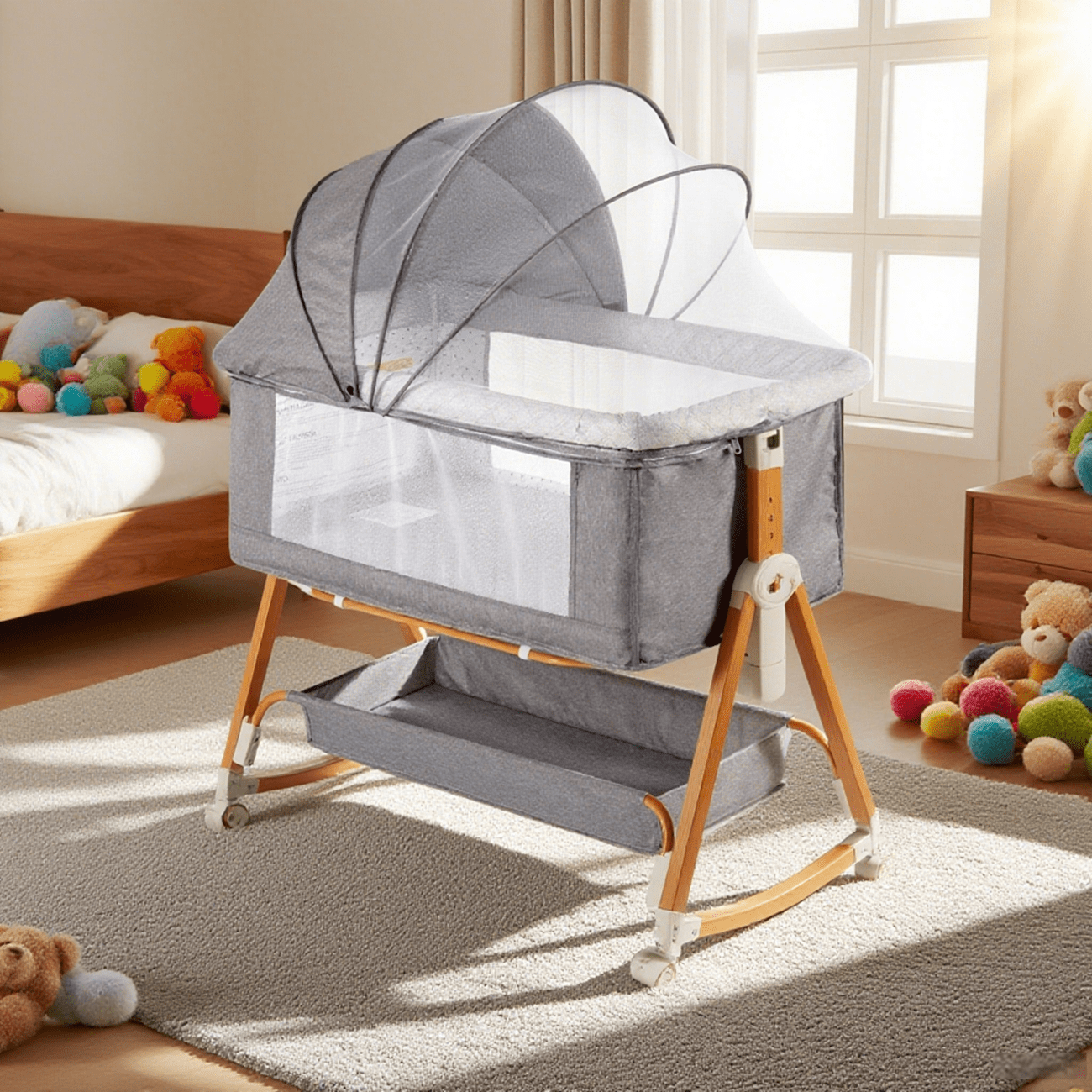 3-In-1 Baby Bassinet, Baby Bed,Baby Crib,Adjustable Bedside Bassinet With Comfy Mattress, Wheels, 6 Height Levels, Easy Folding Portable Crib For Newborns - 淺灰色 - 查看 1