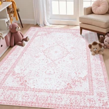 Gdieo Washable Area Rugs For Girls Bedroom, Non-Slip Backing Minimalist Rugs, Low Pile Vintage Boho Large Pink Rug, Stain Resistant Room Rug,Thanksgiving Christmas Gift (Pink) - 粉色 - 查看 15