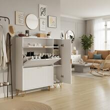 MISNODE Meuble à chaussures blanc avec 2 portes pliantes, étagère à chaussures avec tiroir et étagère de rangement, étagère à chaussures étroite, dispositif anti-basculement, pour entrée couloir couloir chambre salon, 110 x 24 x 114,5 cm - Blanc - Voir 5