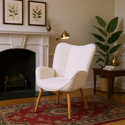 Meubles Cosy Poltrona de inspiração escandinava, poltrona elegante com estofamento em lã e pernas de madeira, ideal para sala de estar. Móveis elegantes para casa, brancos, 72 x 62 x 90,5 cm.