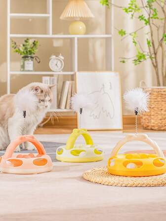 1个随机颜色创意猫玩具，底部有旋转球和旋转盘，顶部有猫玩具棒，适合室内娱乐、玩耍、训练等多种场景。