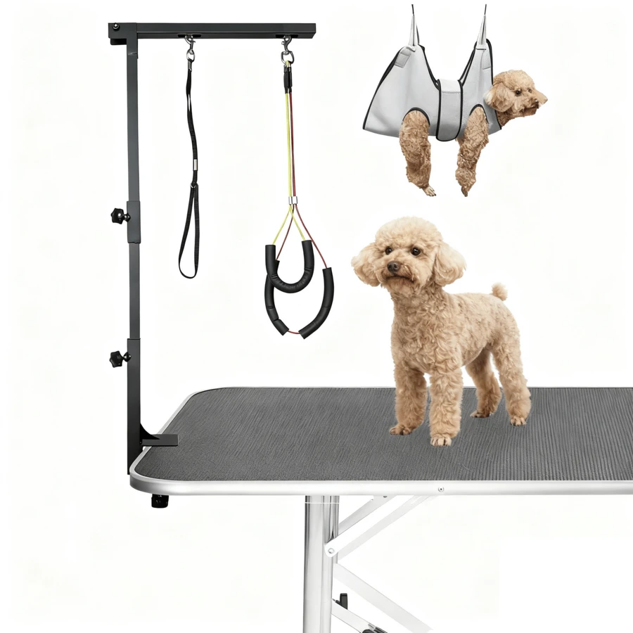 36"Dog Grooming Table Arm With Grooming Hammock Height Adjustable Two No Sit Haunch Holder Three Section Design Suitable For Medium, Small Dogs, And Cats - Black - View 1