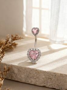 1pc Sexy Luxury Heart Shaped Cubic Zirconia Belly Button Ring, Women's Body Piercing Jewelry For Party