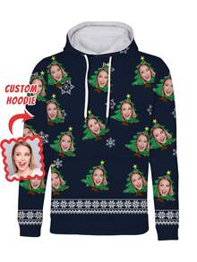 1pc Customizable Men's Hoodie, Valentine's Day Hooded Sweatshirt For Men, With Christmas Tree And Personalized Face Graphic Print, Drawstring Design, Men's Casual Outdoor Wear, Winter Novelty, Special Valentine's Day Gift For Boyfriend, Girlfriend, Family - Multicolor - View 3
