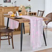 3D Butterfly Pearl Lace Tablecloth, Romantic Rustic Boho Wedding Tablecloth, Transparent Bride Party Decor - Pink - View 2