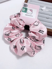 Hello Kitty Black-Pink Satin Scrunchie, Cute Iconic Design, Black Print, Soft & Durable, Hair Tie, Everyday Use, Hair Accessory, Girls & Teens, Ideal Gift, Hello Kitty Fans, Cute Practical Hair Ornaments - Pink Black - View 2