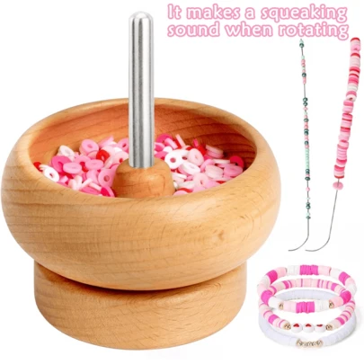 KLONKEE 1 Set Wooden Rotating Beading Tool Kit, Includes Bead Storage Bowl And Needles, Suitable For DIY Bracelets, Necklaces, Jewelry Crafting (Makes Squeaking Sound When Rotating)