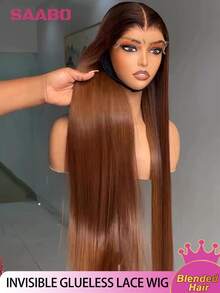 32 Inch 200% Density Natural Brown Long Straight Lace Front Wigs Human Blended Hair 13x4 HD Transparent Bone Straight Lace Front Wigs For Women Straight Lace Frontal Wig 8-34 Inch Pre Plucked Natural Hairline With Baby Hair For Women Daily Use - Brown - View 2