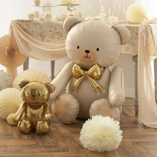 1 unidade/13 unidades de balão metalizado de urso de pelúcia sentado, 71 cm, com laço dourado. Balão gigante de alumínio em formato de urso de pelúcia, branco marfim, com laço - combinado com balões de látex marfim e champanhe. Design adorável de urso sentado, ideal para aniversários, casamentos, decoração de festas de Dia dos Namorados, decoração de Natal, decoração de casamento, celebrações de feriados, decoração leve e reutilizável, artigos para eventos e ocasiões especiais.