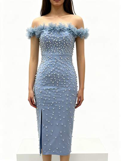 Blue Off-The-Shoulder Pearl And Rhinestone Dress, Three-Dimensional Floral Embellishments, Fitted Midi Skirt With Slit, Perfect For Parties And Evening Gowns.