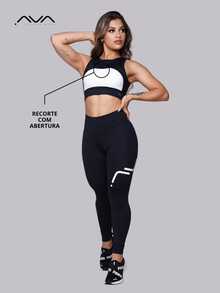 Women's Gym Set In Polyamide Suplex Fabric: Top With Opening And Leggings (Silk Fabric) By AVA Fitness - màu đen - Xem 3
