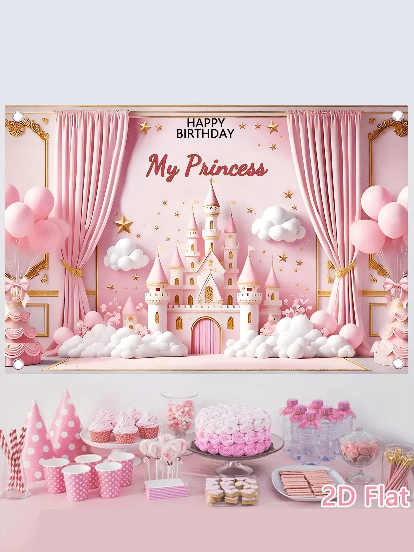 1 tấm banner trang trí tiệc sinh nhật công chúa tùy chỉnh với tên và năm, chất liệu polyester màu hồng, kiểu lâu đài cổ tích, dùng làm phông nền chụp ảnh, có 3 kích cỡ, banner Chúc mừng sinh nhật cá nhân hóa, phù hợp cho bàn bánh kem, tường nhà, trang trí ngoài trời.