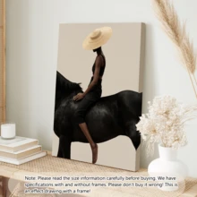 1 pieza Póster de arte moderno de pared, Impresión de arte abstracto moderno en lienzo, Póster de mujer montando, Mujer con gorro de punto montando un caballo negro, Arte elegante, Enmarcado o sin enmarcar, Decoración de habitación, Decoración del hogar, Decoración de dormitorio universitario, Regalos para decoración de paredes en hotel, hogar, regalo ideal de inauguración de la casa, sala de estar, dormitorio, baño y oficina