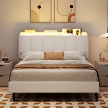 LED Bed Frame With Storage Headboard, Queen Bed Frame With Bookcase Headboard, PU Leather Upholstered Furniture, No Box Spring Needed, Easy Assembly, Christmas Gifts, Bedroom Deccor, Twin/ Full/ Queen, Black/ White (USB LED Strip) - 白色 - 查看 1