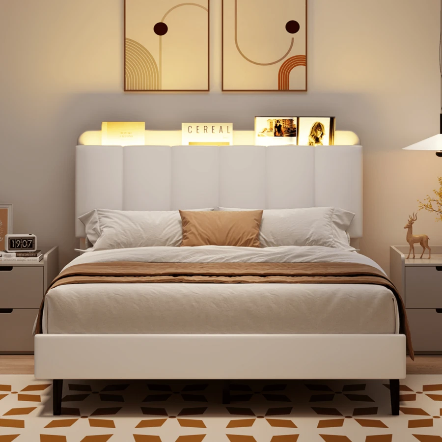 LED Bed Frame With Storage Headboard, Queen Bed Frame With Bookcase Headboard, PU Leather Upholstered Furniture, No Box Spring Needed, Easy Assembly, Christmas Gifts, Bedroom Deccor, Twin/ Full/ Queen, Black/ White (USB LED Strip) - 白色 - 查看 1