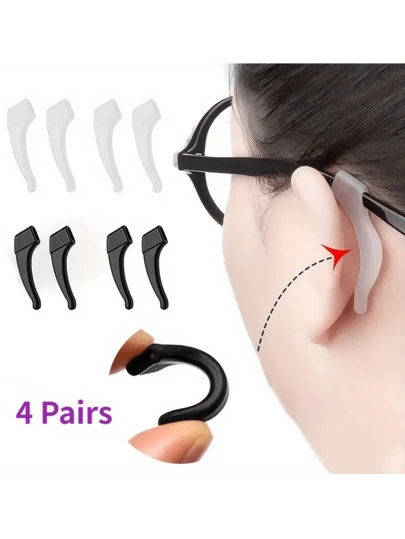 4 Pairs Of Silicone Anti-Slip Glasses Ear Hooks In Black And White - Transparent And Black, Soft And Elastic, Reduce Ear Pressure And Ensure Ear Comfort, Suitable For Sports And Outdoor Activities, Comfortable Glasses Holder, Fashionable Glasses Fixing Strap