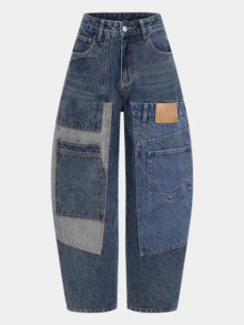 Magic Mia Women's Y2K Patchwork Jeans - High Waisted Baggy Fit With Vintage Wash & Cargo Pockets | Distressed Denim Pants For Streetwear, Casual Daily & Edgy Style - 藍色 - 查看 7
