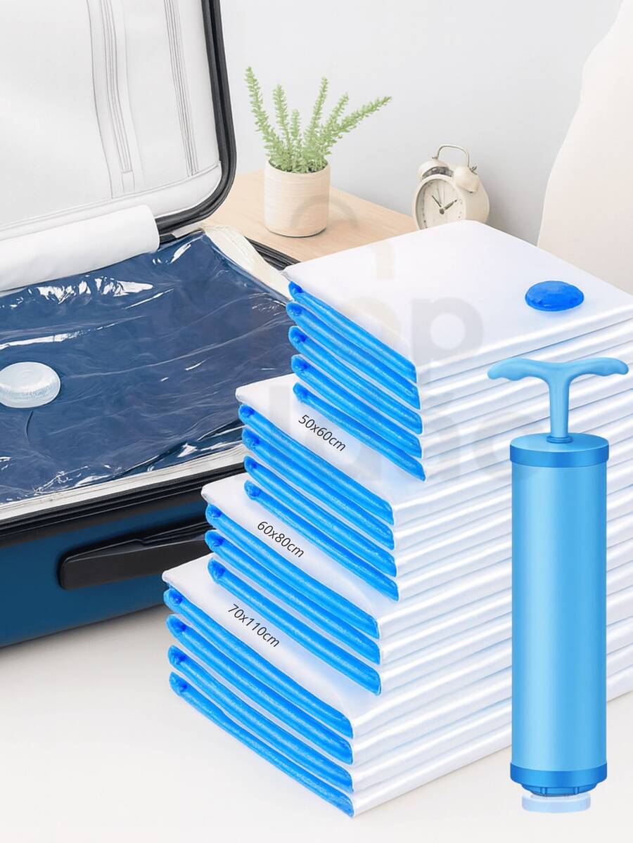 Kit Of 10 Vacuum Storage Bags For Clothes, 3 Sizes: 5 - 50x60cm / 3 - 60x80cm / 2 - 70x110cm For Travel + 1 Manual Pump - 無色 - 查看 1