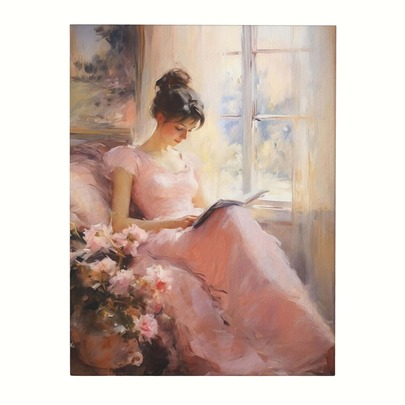 1pc Frameless Vintage Pink Dress Reading Woman Canvas Print Antique-Style Portrait Wall Arts Famous Vintage Female Canvas Picture For Aesthetic Bedroom Gallery Canvas Posters
