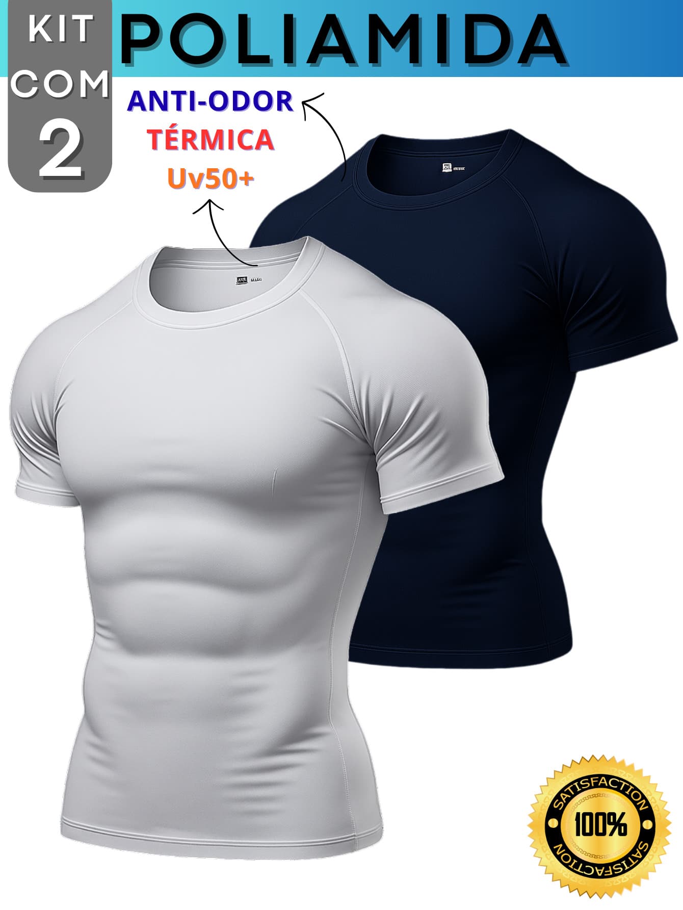 Kit Of 2 Men's Polyamide Compression Short Sleeve Thermal Anti-Odor UV50+ Raglan Shirts For Gym And Training KJG - White and Navy Blue - View 1