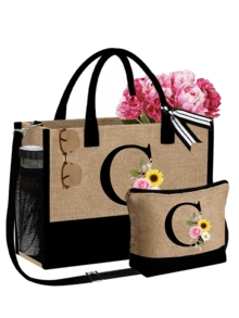 Personalized Floral Letter Linen Canvas Tote Bag Set, A-Z Letter Large Capacity Tote Bag With Matching Small Pouch, Suitable For Carrying Daily Essentials, Groceries, Travel Items, For Women, Fashion Lovers, Personalization Enthusiasts, Great For Daily Use, Shopping, Beach Travel, Adding Fashionable Personalized Accent To Outfits, Christmas/New Year Gift - Multicolor - View 40