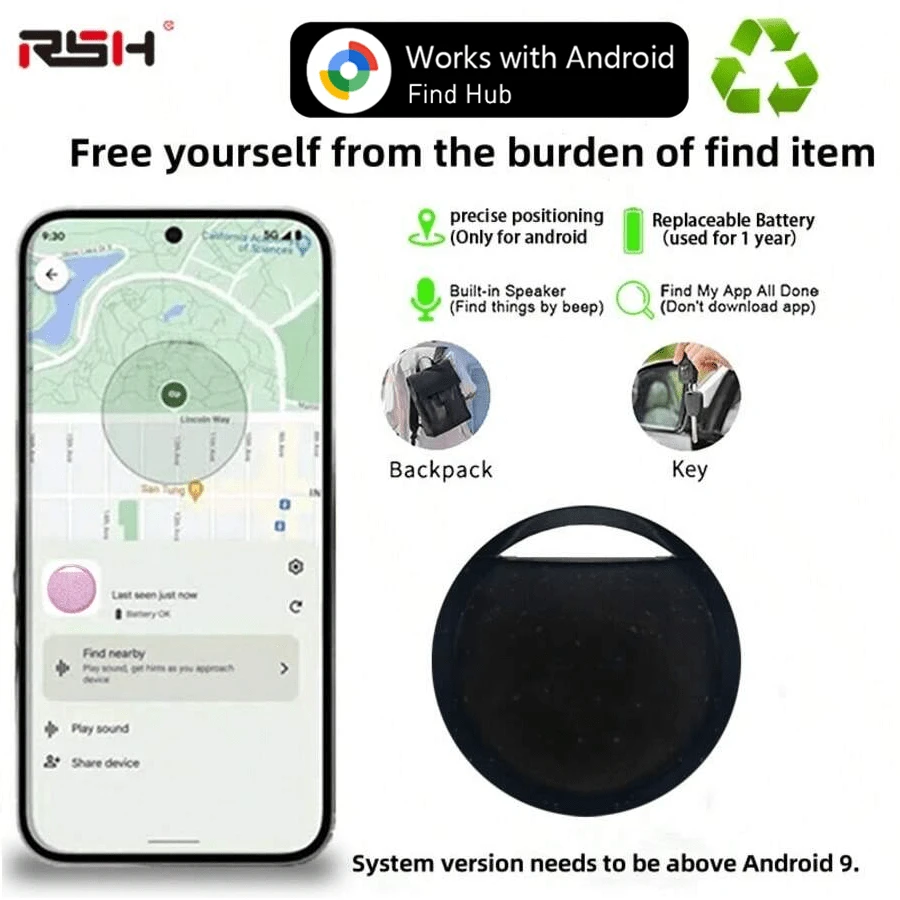 RSH Inteligentny lokalizator Air Tracker dla systemu Android, kompatybilny z aplikacją Android Find Center (wymagany system Android 9 lub nowszy), globalny inteligentny lokalizator antyzaginieniowy do kluczy i bagażu, ochrona prywatności, wymienna bateria, prezent świąteczny