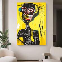 Framed 1pc Jean-Michel Basquiat Inspired Canvas Poster - Black, Yellow, Graffiti Street Art - Ready-To-Hang Framed Modern Painting For Living Room, Bedroom, Office - Wrapped Canvas Wall Decor - Ideal For Contemporary Art Collectors & Modern Interiors, Bedroom Artwork, Expressive Portrait, Hook Hanging System, Home Decoration, Durable Frame, Interior Designers,  Flat - Framed(框架) - 查看 3