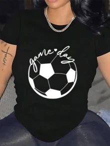 Women's Soccer Game Day T-Shirt - Letter Print | Sport Mom Life Casual - 黑色 - 查看 1