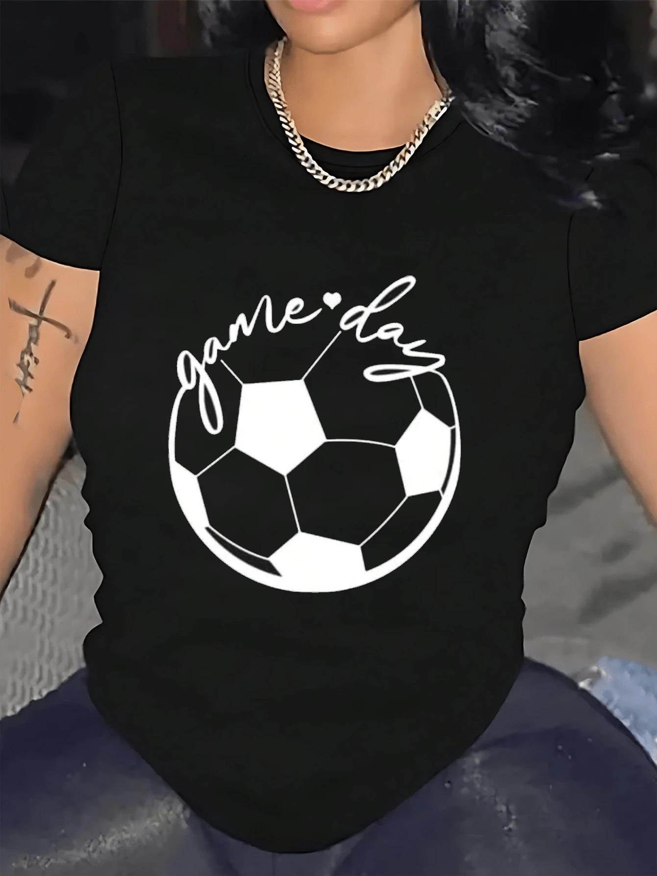 Women's Soccer Game Day T-Shirt - Letter Print | Sport Mom Life Casual - 黑色 - 查看 1