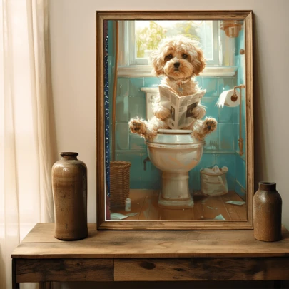 1 Piece, Canvas Wall Art, Framed Wall Decor, Maltese Dog Reading Newspaper In Bathroom, Bathroom Canvas Decor, Waterproof, Maltese Dog Gift, Funny Picture, Bathroom Decor Idea, Wall Art, Posters, Wall Art With Frame, Room Decor, Bedroom Decor, Room Decoration, Poster, Wall Decoration, Bathroom Decor, Living Room Decor, Kitchen Decor, Wall Art - Canvas (Optional Frame)