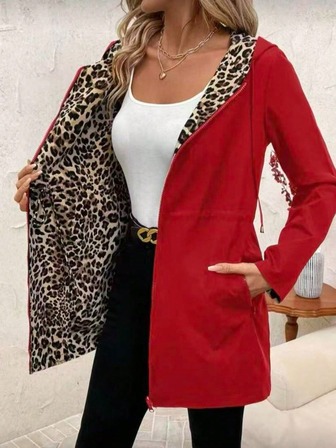 Vändbar damjacka med huva och dragkedja, leopardmönster och enfärgat svart, vardagskläder