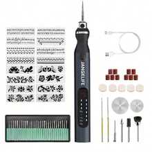 JANGKLIFE 多功能电动打磨工具套装，便携式USB充电，全套54个配件和16个雕刻模板，3种转速5000rpm-18000rpm，配备锂离子电池，适用于研磨、切割、抛光、雕刻、打磨、钻孔和DIY创作 - 黑色 - 查看 9