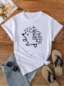 Playera de mujer de algodón 100%, estampado original de erizo blanco, estilo casual cómodo, cuello redondo, transpirable, ideal para verano y uso diario elegante - Blanco - Ver 6