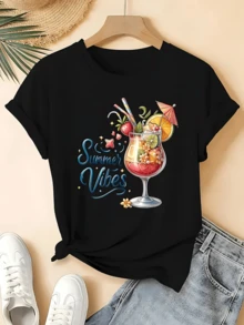 Playera de mujer 100% algodón con estampado veraniego de cóctel colorido, estilo casual y cómodo, ideal para días soleados, playa o tiempo libre, diseño fresco y alegre - Negro - Ver 1