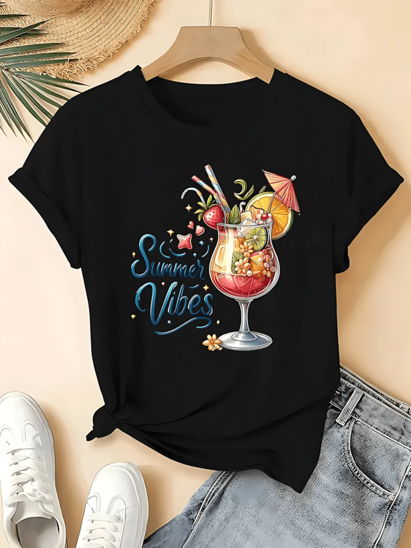Playera de mujer 100% algodón con estampado veraniego de cóctel colorido, estilo casual y cómodo, ideal para días soleados, playa o tiempo libre, diseño fresco y alegre - Negro - Ver 1