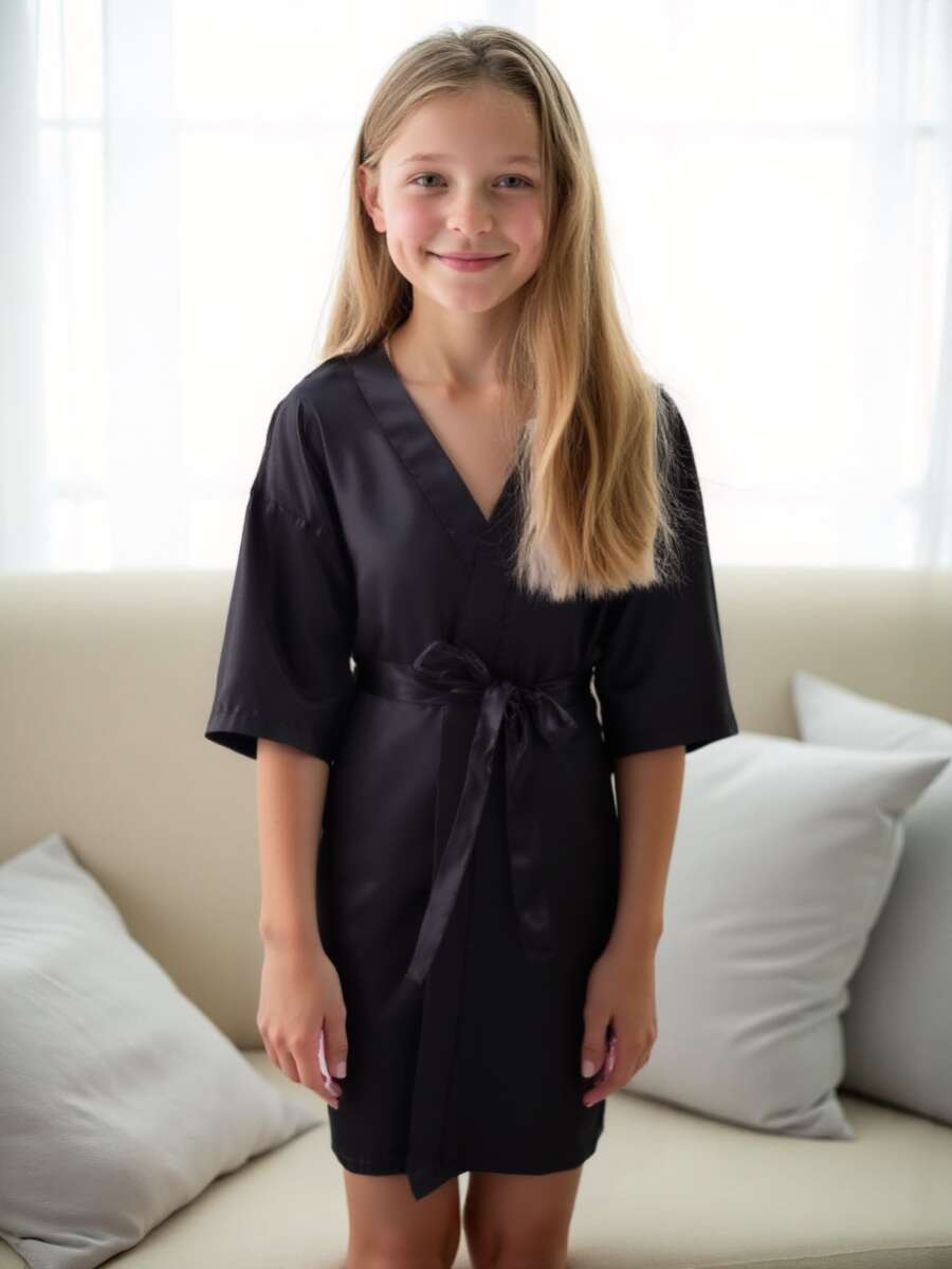 少女交叉短袖休闲家居服睡袍，黑色
