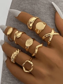 9pcs/Set Geometric Alloy Rings, Palm Print Hollow Decor, Minimalist Knuckle Rings For Women, Suitable For Daily Or Holiday Wear - Gold - View 7