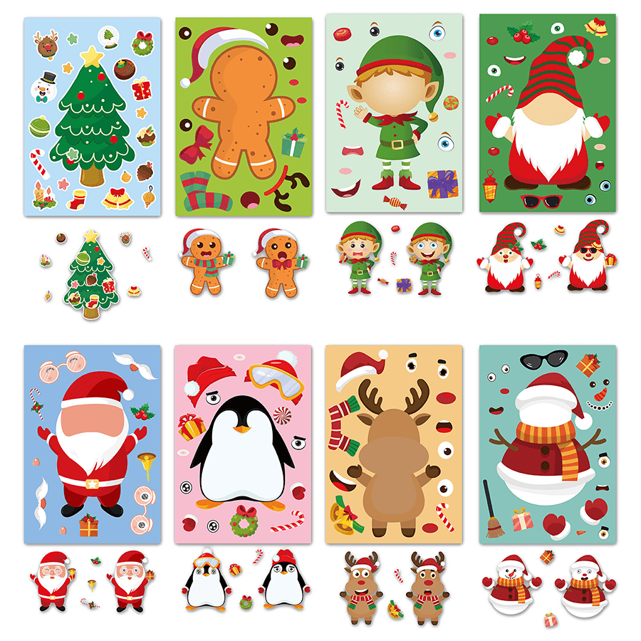 DIY Weihnachtsparty Spiel Aufkleber (für Weihnachts-Gesichts-Puzzle-Spiel), Kinder Weihnachtsaufkleber (mit Weihnachtsmann, Weihnachtsbaum, Schneemann, Rentier, Mustern), geeignet als Weihnachtsparty Souvenirs, Weihnachtsdekoration