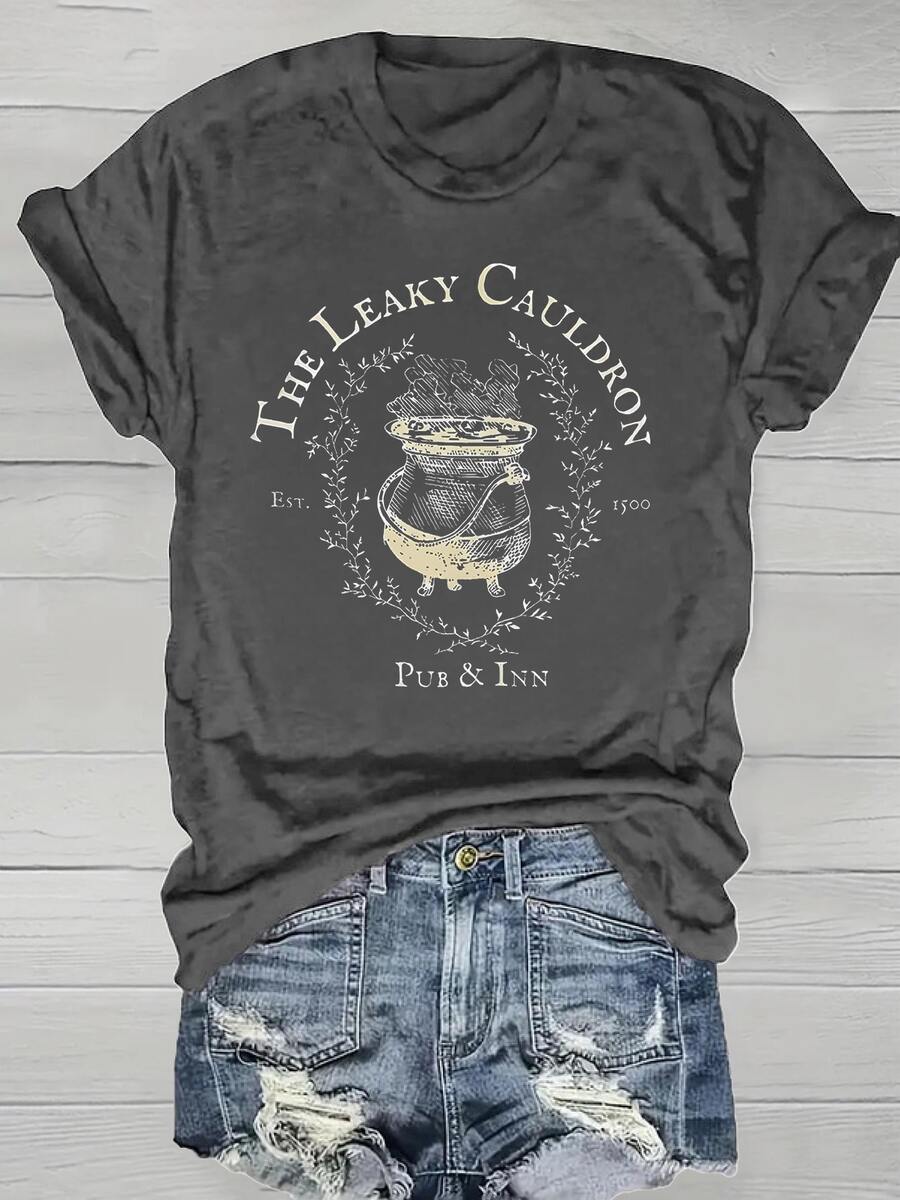 Jar & Letter Print Crew Neck Short Sleeve T-Shirt For Women, Casual Summer Tops - 深灰色 - 查看 1