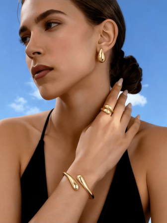 1pc/Set Fashionable Minimalist High-End Teardrop Asymmetrical Women Earrings Ring Bracelet Gold Jewelry Set, Casual Versatile Stainless Steel Jewelry For Daily Wear (Long-Lasting Color)