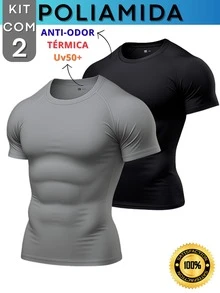 Kit Of 2 Men's Polyamide Compression Short Sleeve Thermal Anti-Odor UV50+ Raglan Shirts For Gym And Training KJG - 黑色和灰色 - 查看 1